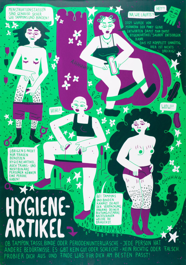 Plakat „Hygieneartikel“ aus dem Projekt ABC der Aufklärung von Emely Ulmer